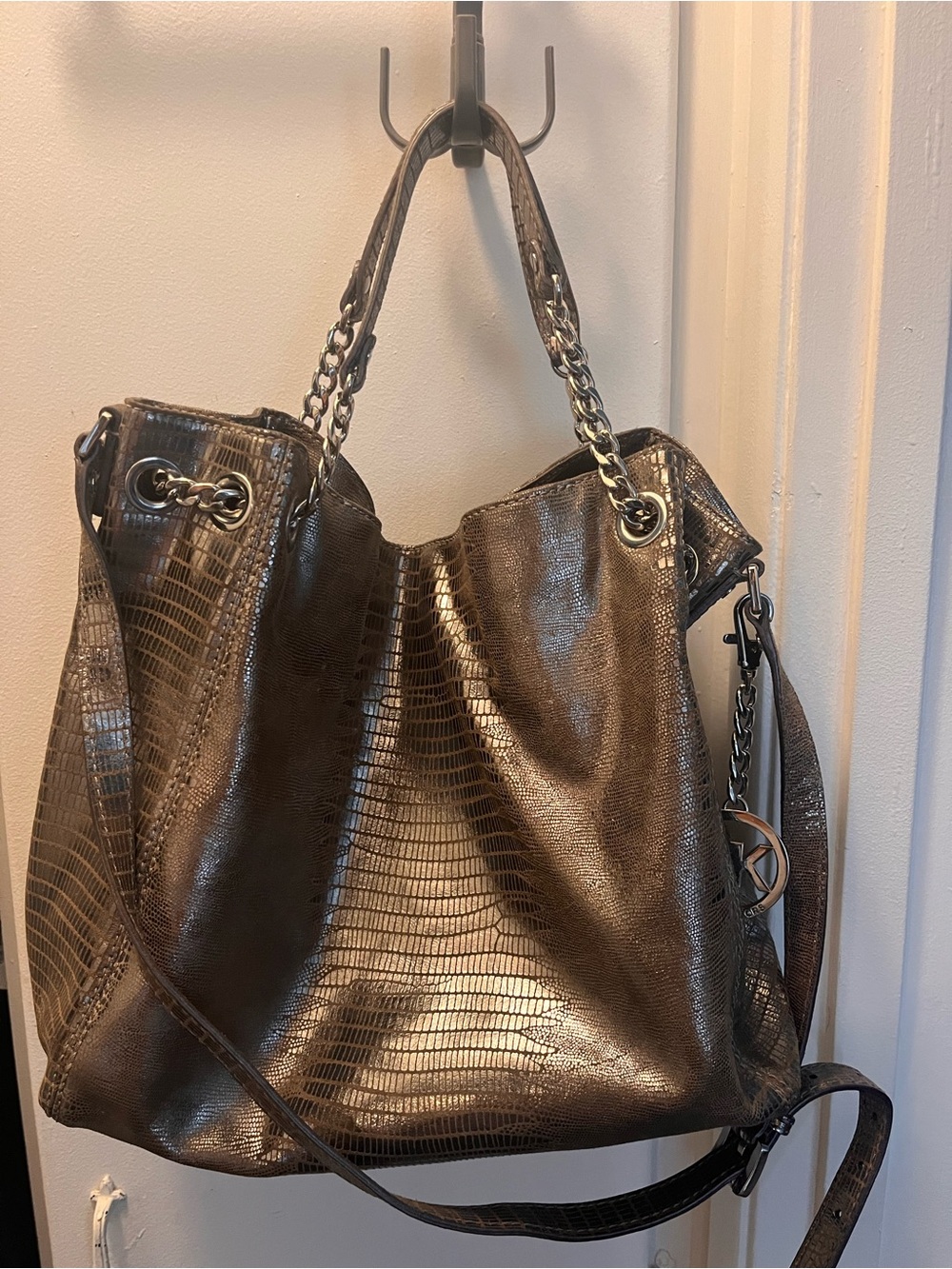 Michael Kors Metallic Brown Python-Embossed Shoulder Bag with Chain Straps